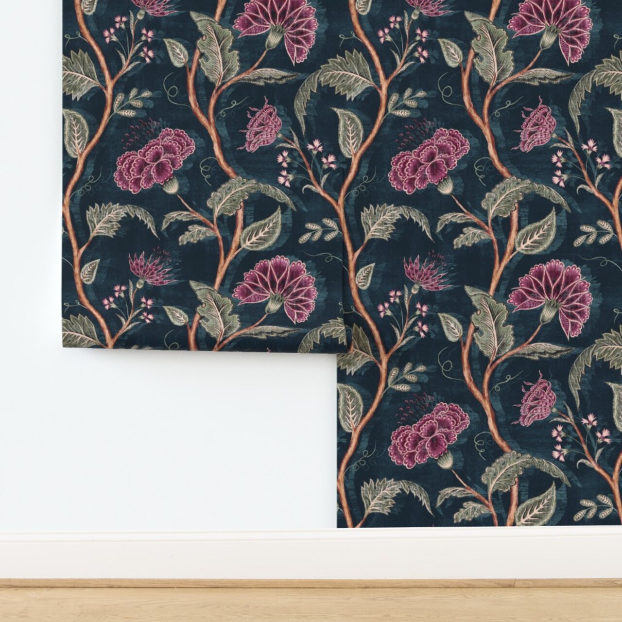 Dark Floral Victorian Romantic Traditional Moody Bohemian Rich Boho Chintz Garden Midnight Blue Jacobean Climbing Vines Purple Custom Removable Wallpaper by Spoonflower Peel & Stick Wallpaper 2FT Wide